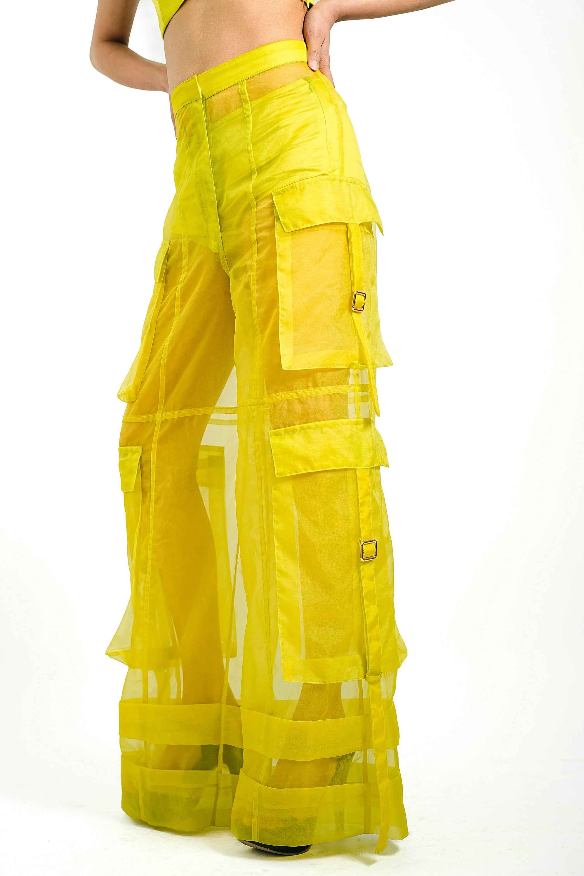 Citron Organza Corset & Utility Trousers Co-Ord Set – Translucent Dual Edit | VybTheory