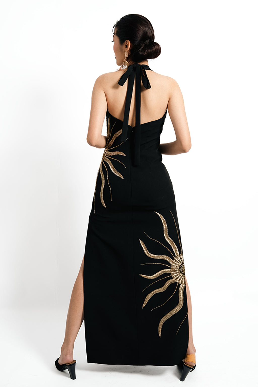 Solar Vein Embroidered Halter Gown – Black Gold Eclipse | VybTheory