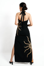 Solar Vein Embroidered Halter Gown – Black Gold Eclipse | VybTheory