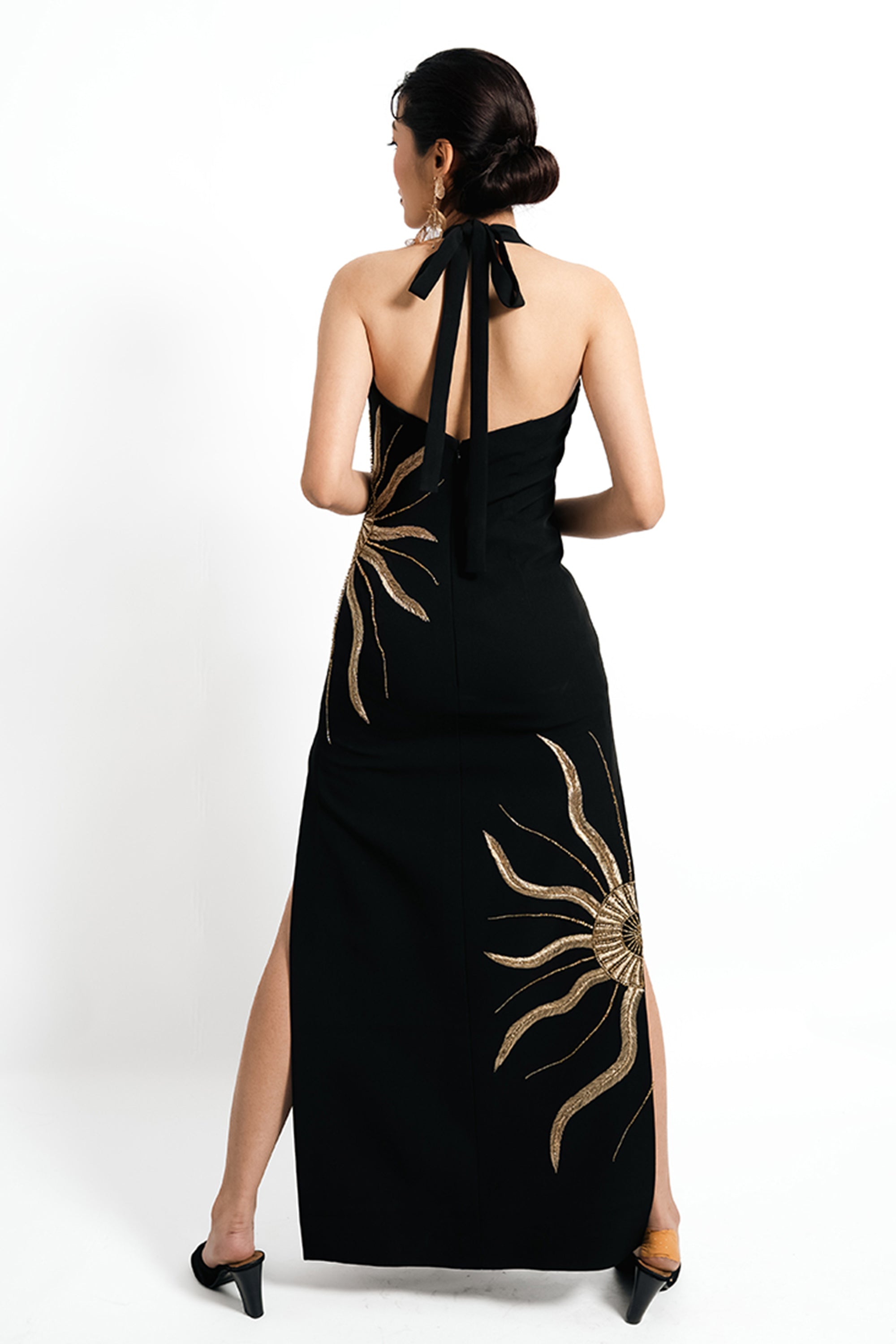Solar Vein Embroidered Halter Gown – Black Gold Eclipse | VybTheory