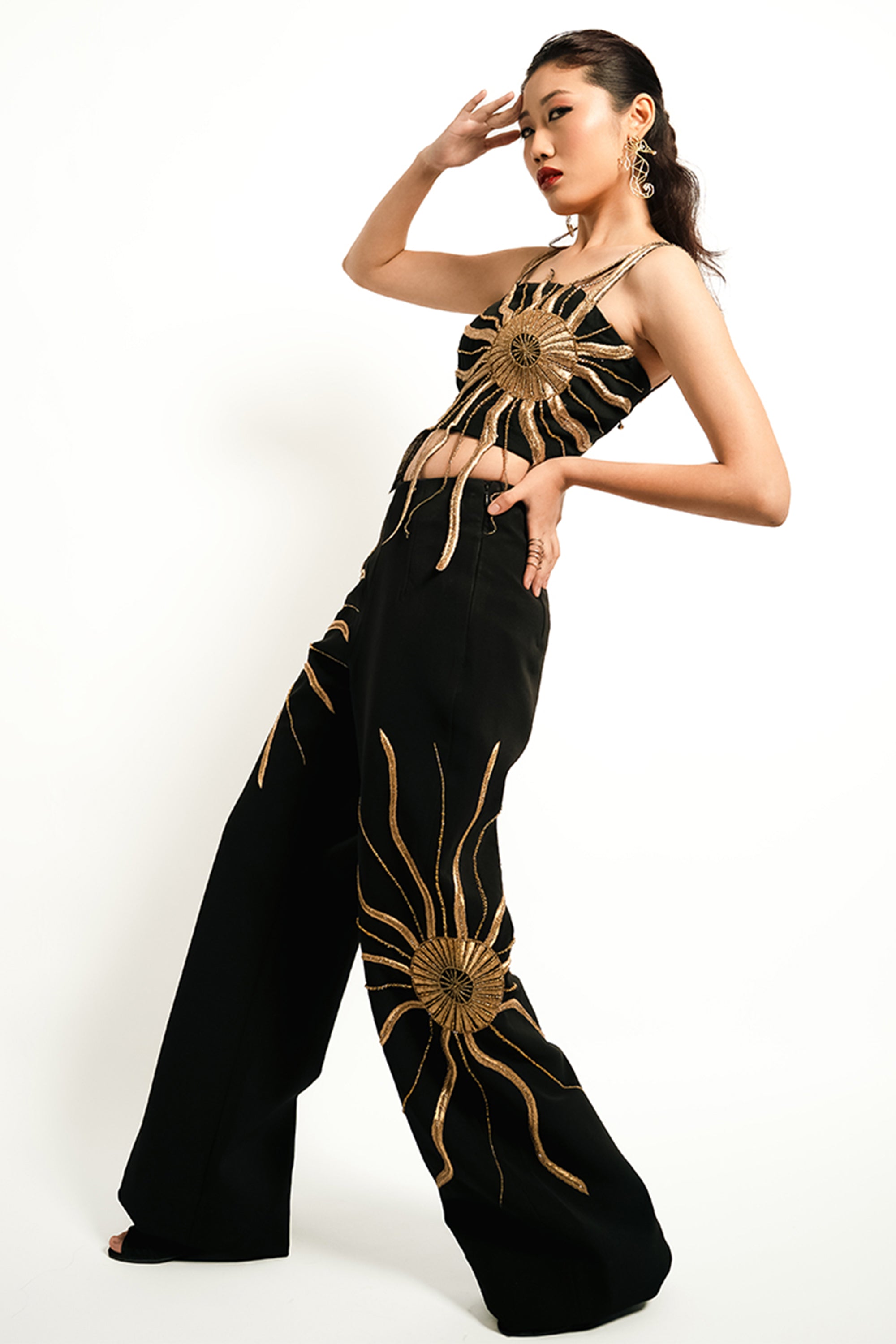 Solar Flare Embroidered Crop Top – Black Gold Radiance | VybTheory