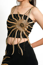 Solar Flare Embroidered Crop Top – Black Gold Radiance | VybTheory