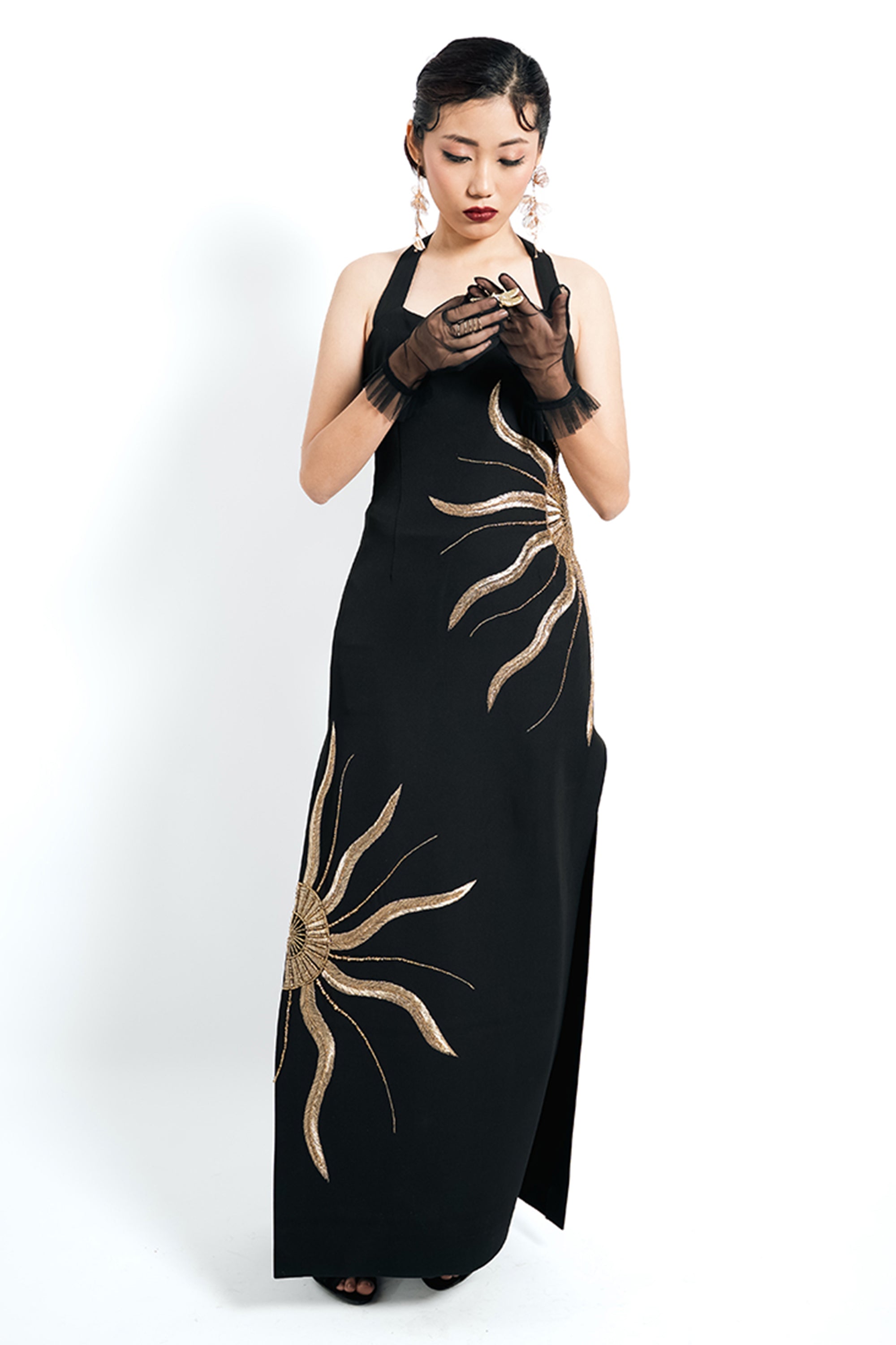 Solar Vein Embroidered Halter Gown – Black Gold Eclipse | VybTheory