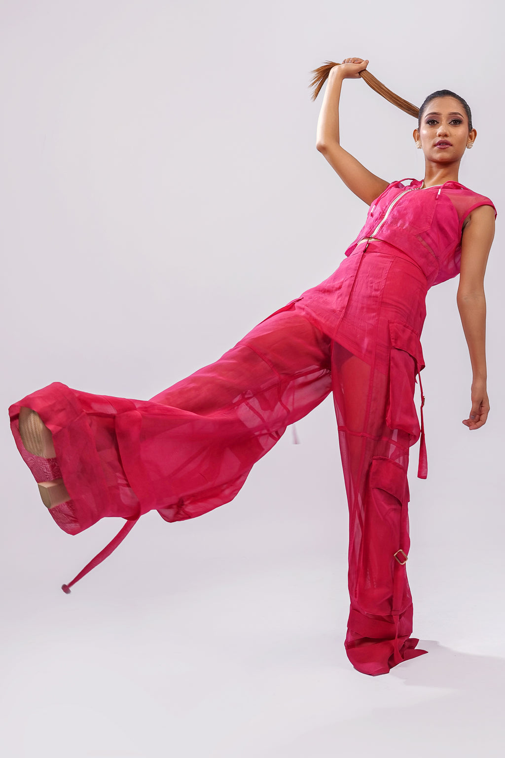 Hot Pink Organza Sleeveless Hooded Jacket | VybTheory