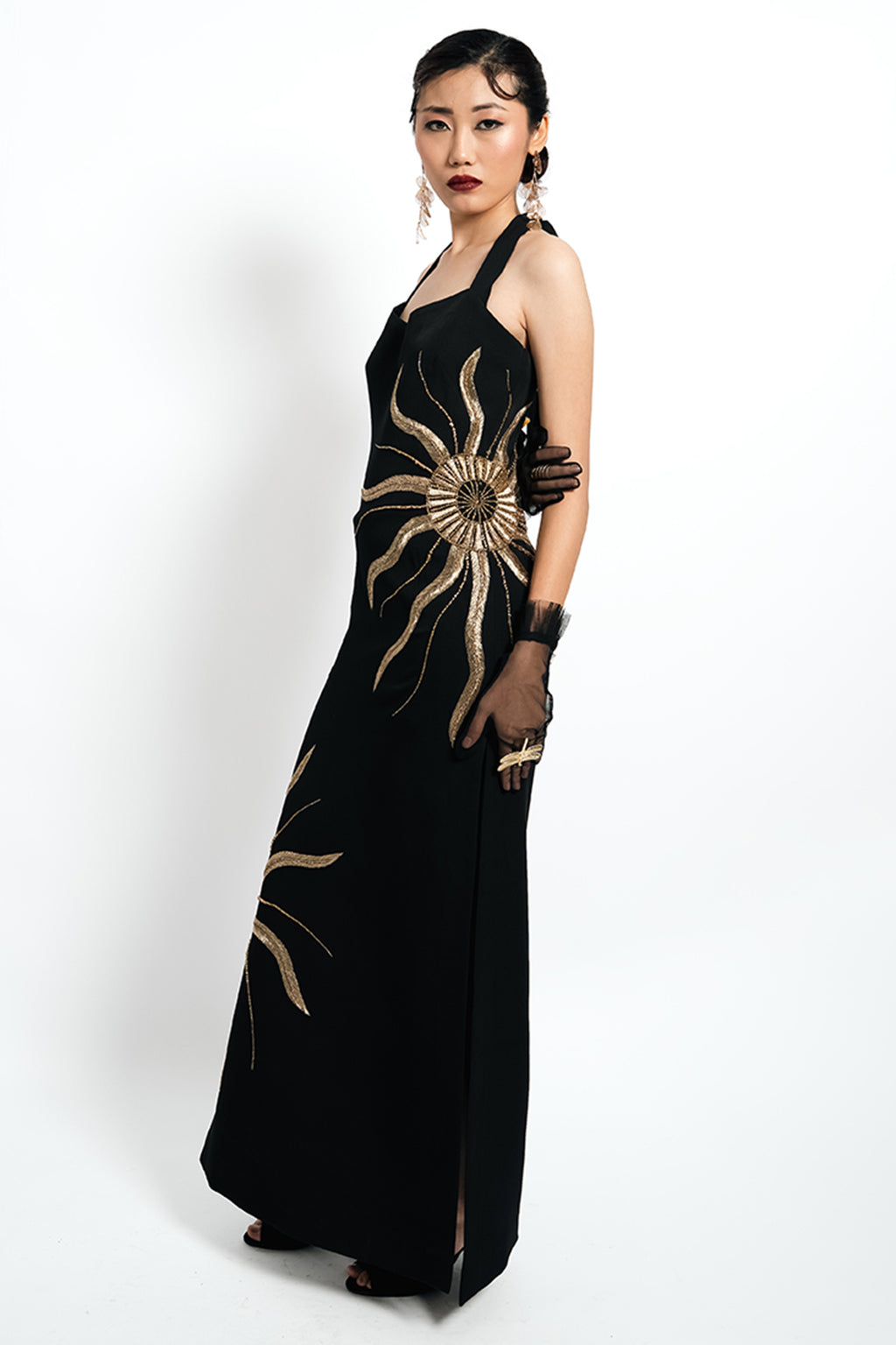 Solar Vein Embroidered Halter Gown – Black Gold Eclipse | VybTheory