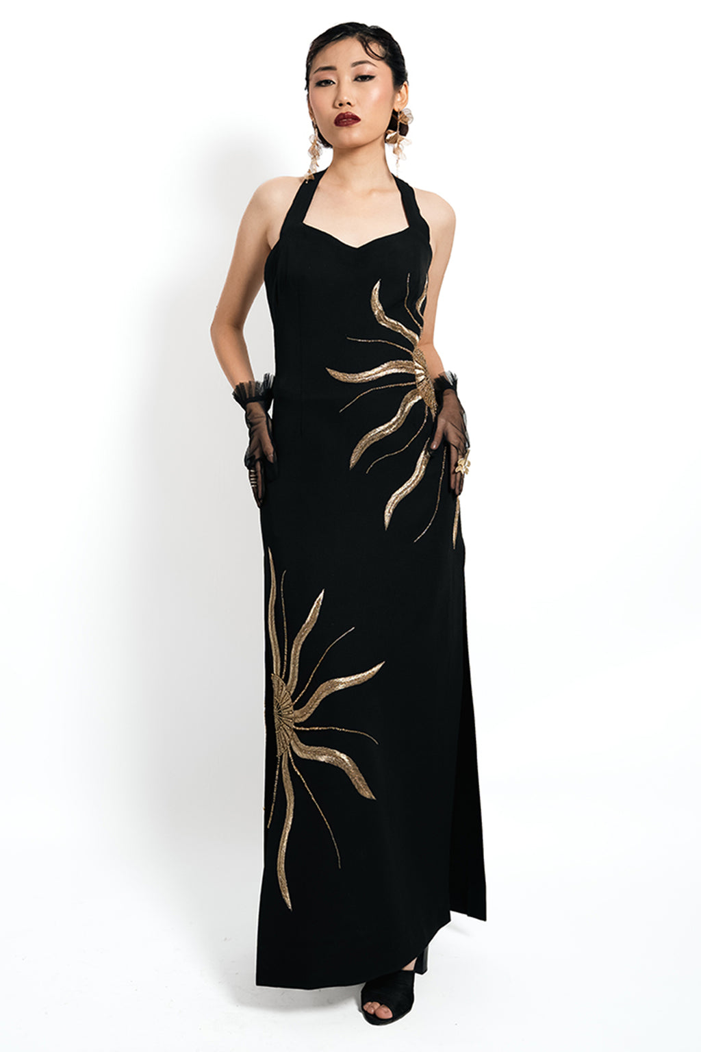 Solar Vein Embroidered Halter Gown – Black Gold Eclipse | VybTheory