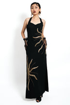 Solar Vein Embroidered Halter Gown – Black Gold Eclipse | VybTheory