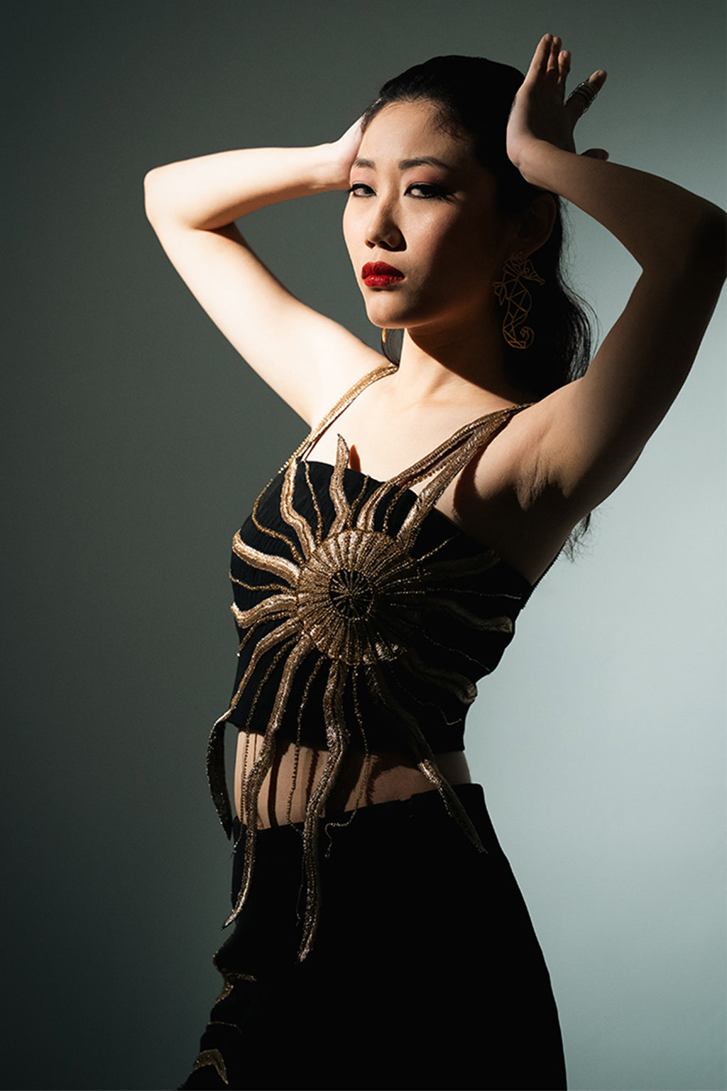 Solar Flare Embroidered Crop Top – Black Gold Radiance | VybTheory