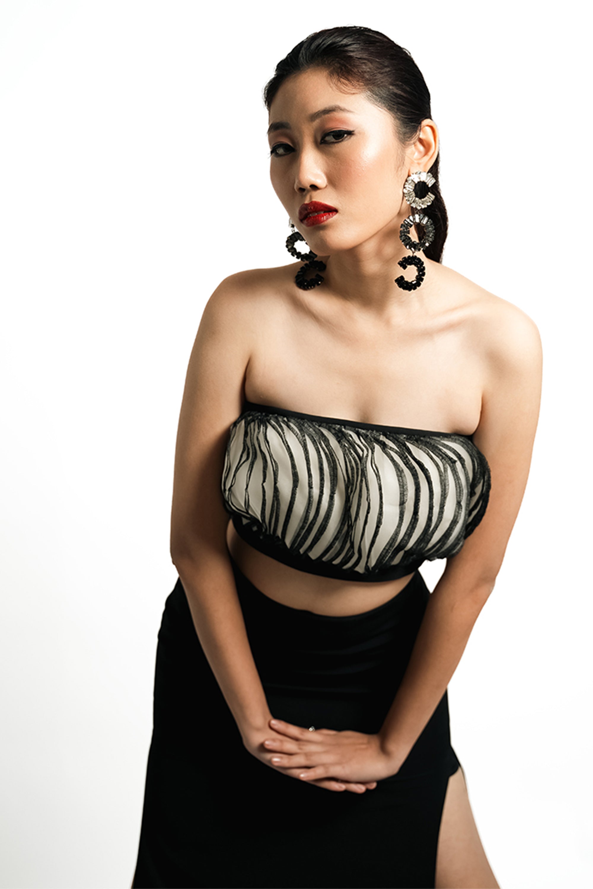 Eclipse Ruffle Bandeau Top – Ivory & Noir Contrast | VybTheory