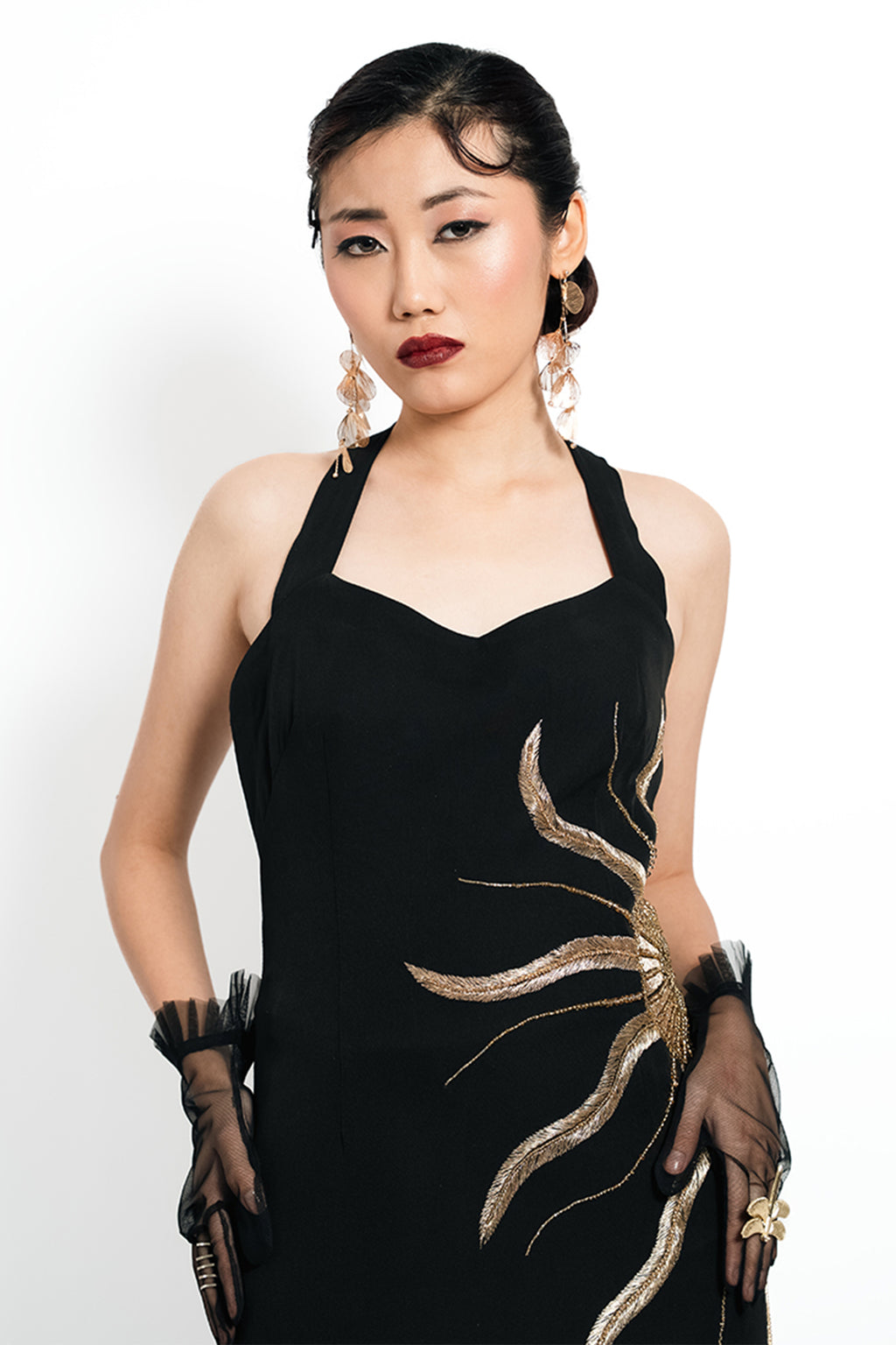 Solar Vein Embroidered Halter Gown – Black Gold Eclipse | VybTheory