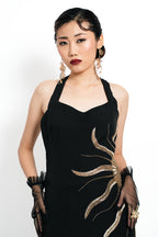 Solar Vein Embroidered Halter Gown – Black Gold Eclipse | VybTheory