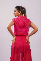 Hot Pink Organza Sleeveless Hooded Jacket | VybTheory