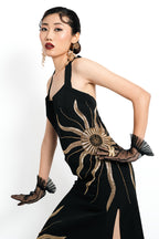 Solar Vein Embroidered Halter Gown – Black Gold Eclipse | VybTheory