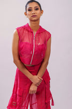 Hot Pink Organza Sleeveless Hooded Jacket | VybTheory
