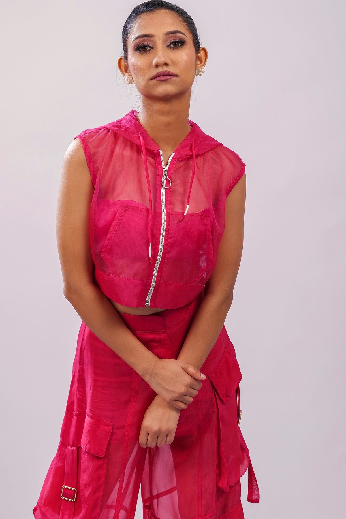 Hot Pink Organza Sleeveless Hooded Jacket | VybTheory