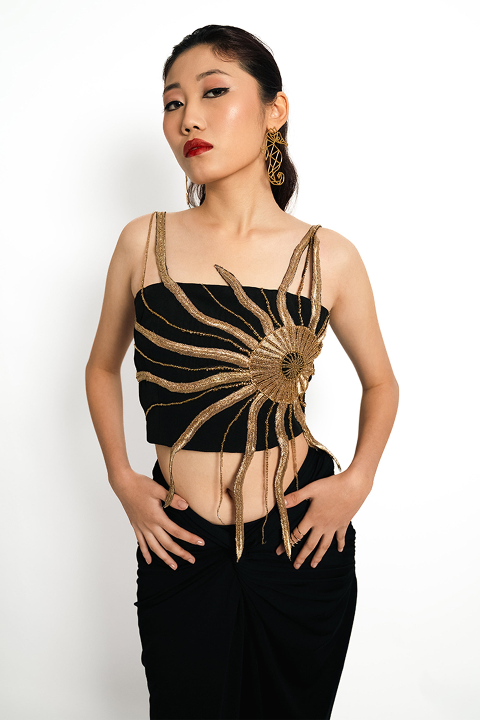 Solar Flare Embroidered Crop Top – Black Gold Radiance | VybTheory