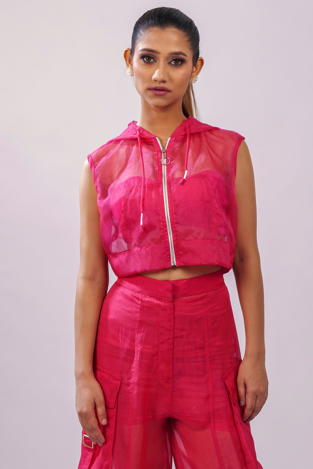 Hot Pink Organza Sleeveless Hooded Jacket | VybTheory