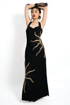 Solar Vein Embroidered Halter Gown – Black Gold Eclipse | VybTheory