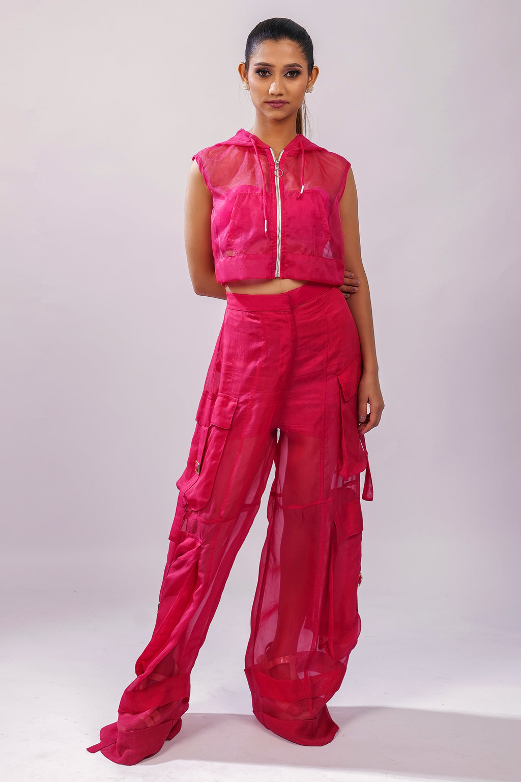 Hot Pink Organza Sleeveless Hooded Jacket | VybTheory