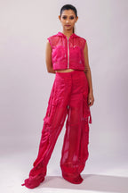 Hot Pink Organza Sleeveless Hooded Jacket | VybTheory
