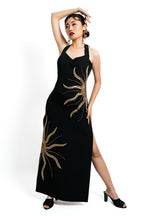 Solar Vein Embroidered Halter Gown – Black Gold Eclipse | VybTheory