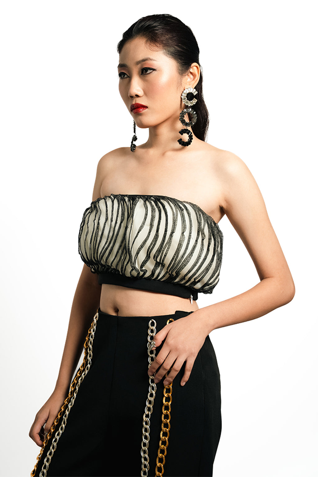 Eclipse Ruffle Bandeau Top – Ivory & Noir Contrast | VybTheory