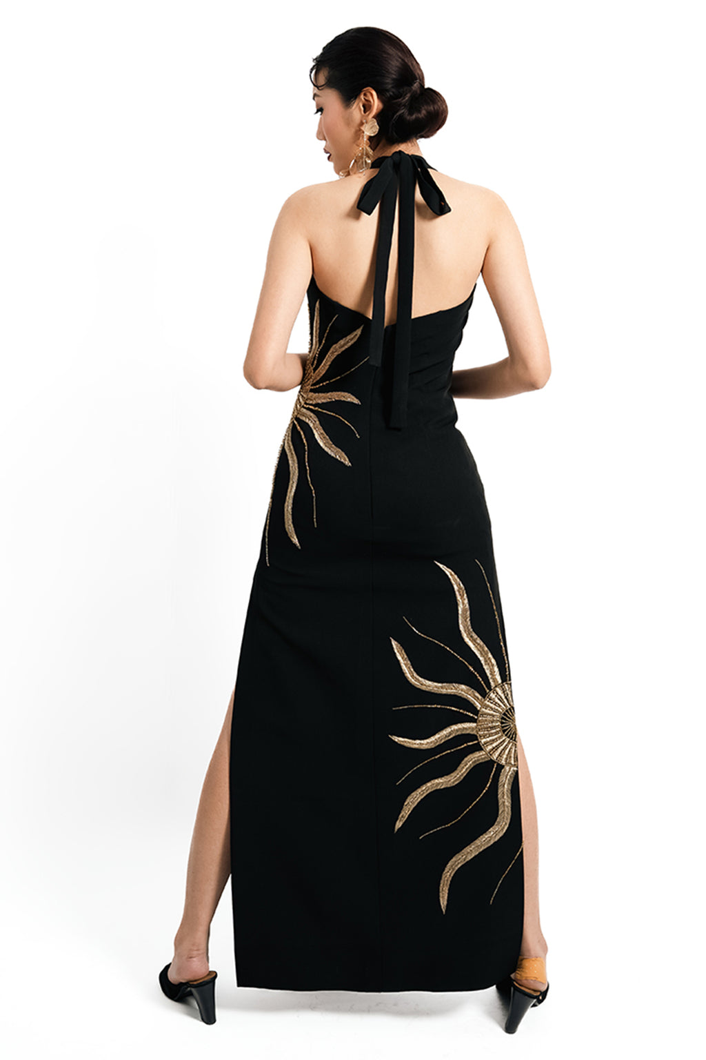 Solar Vein Embroidered Halter Gown – Black Gold Eclipse | VybTheory