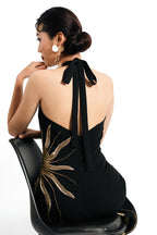 Solar Vein Embroidered Halter Gown – Black Gold Eclipse | VybTheory