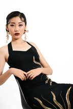 Solar Vein Embroidered Halter Gown – Black Gold Eclipse | VybTheory