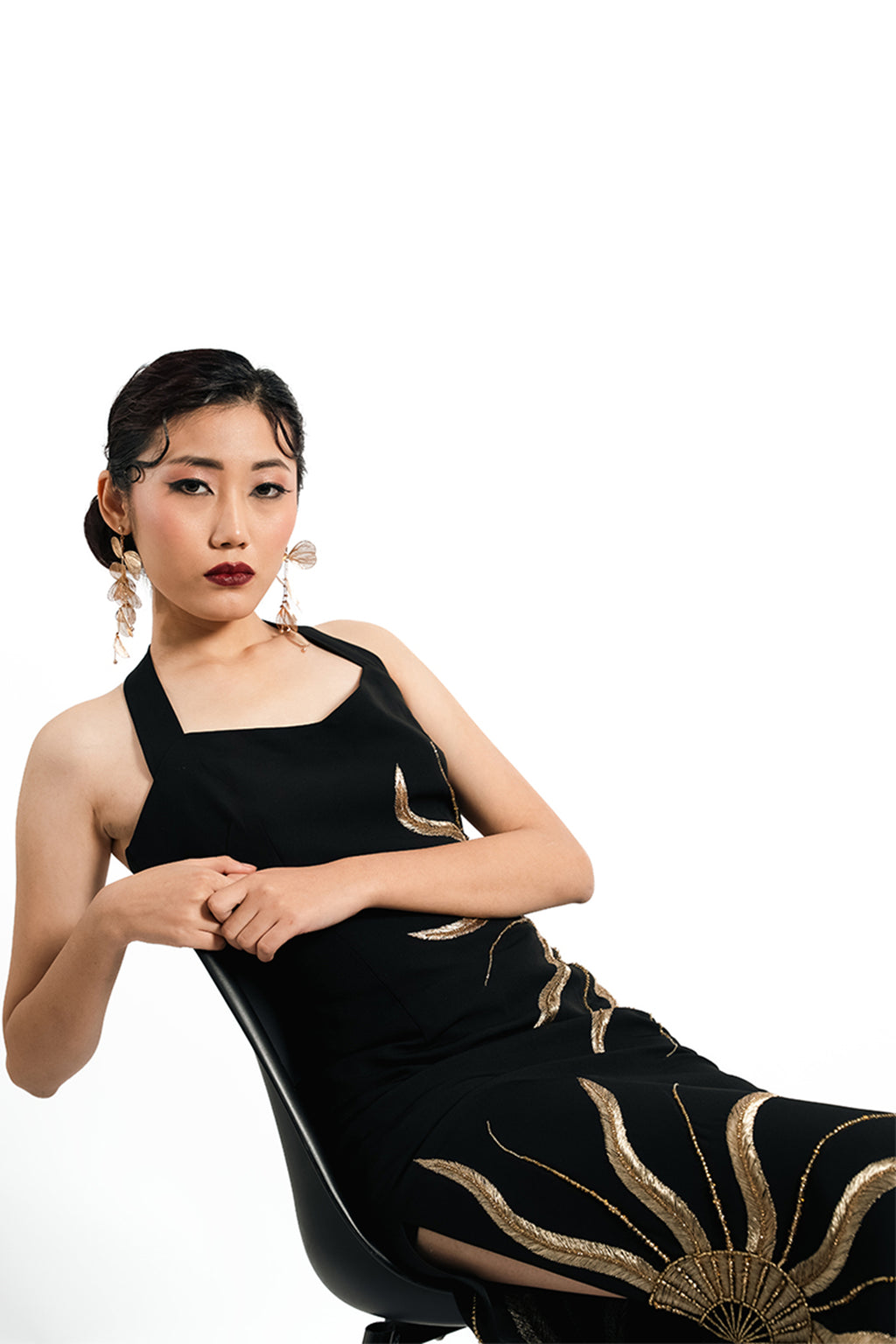 Solar Vein Embroidered Halter Gown – Black Gold Eclipse | VybTheory