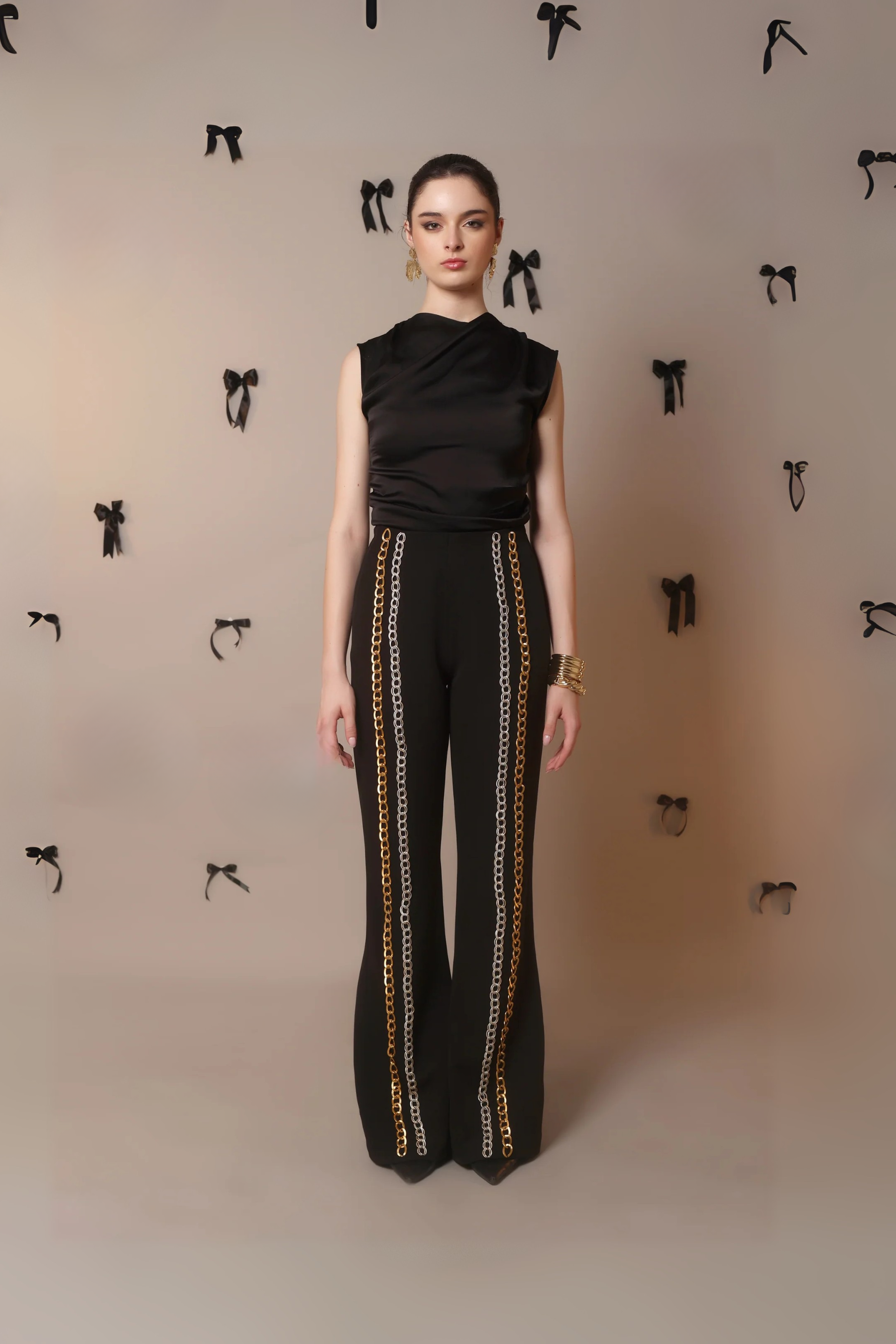 Chain Reaction Flared Trousers – Dual Metal Detail - Vybtheory
