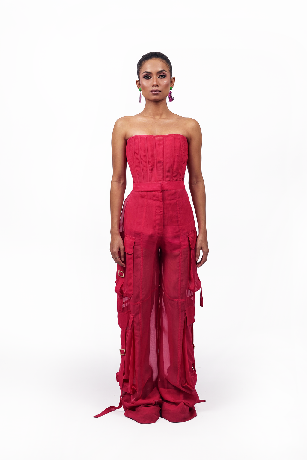 Hot Pink Organza Corset & Utility Trousers Co-Ord Set – Translucent Dual Edit | VybTheory