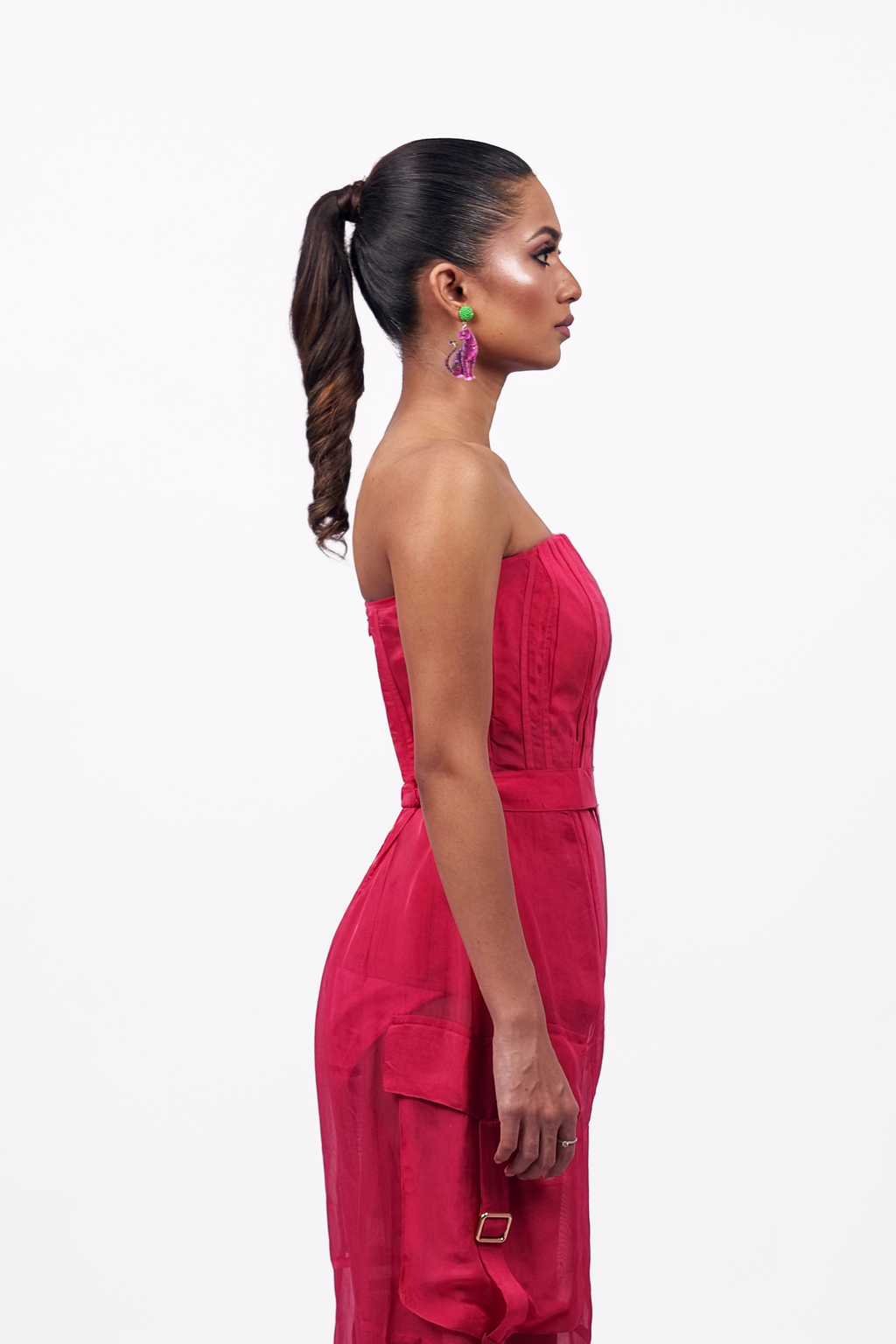 Hot Pink Organza Corset & Utility Trousers Co-Ord Set – Translucent Dual Edit | VybTheory