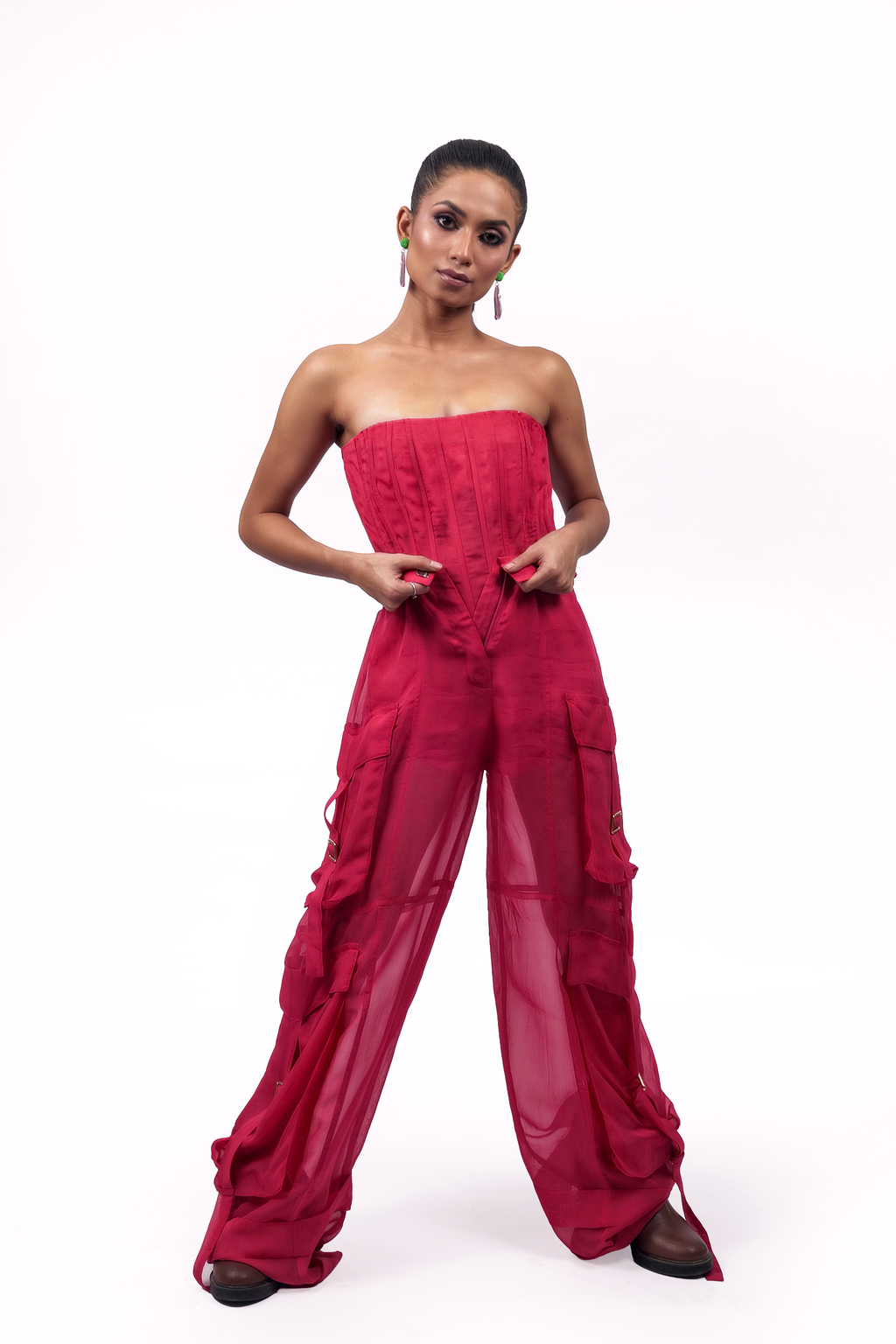 Hot Pink Organza Corset & Utility Trousers Co-Ord Set – Translucent Dual Edit | VybTheory