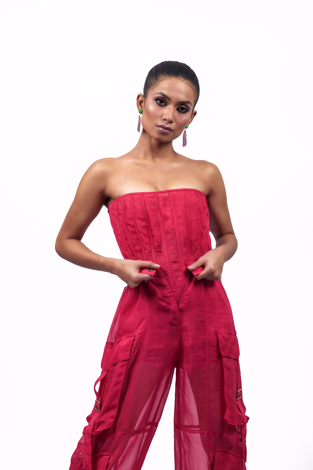 Hot Pink Organza Corset & Utility Trousers Co-Ord Set – Translucent Dual Edit | VybTheory