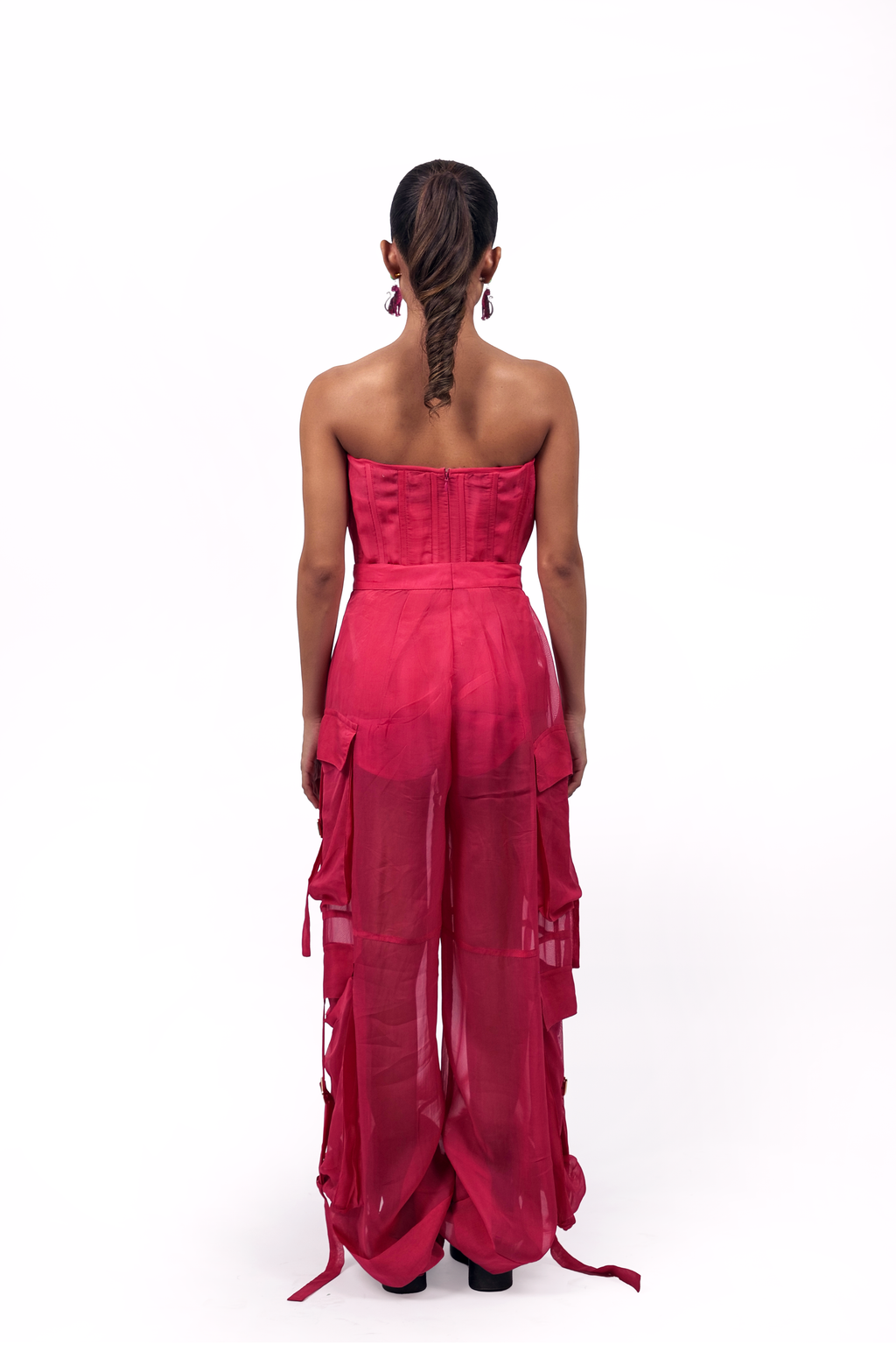 Hot Pink Organza Corset & Utility Trousers Co-Ord Set – Translucent Dual Edit | VybTheory