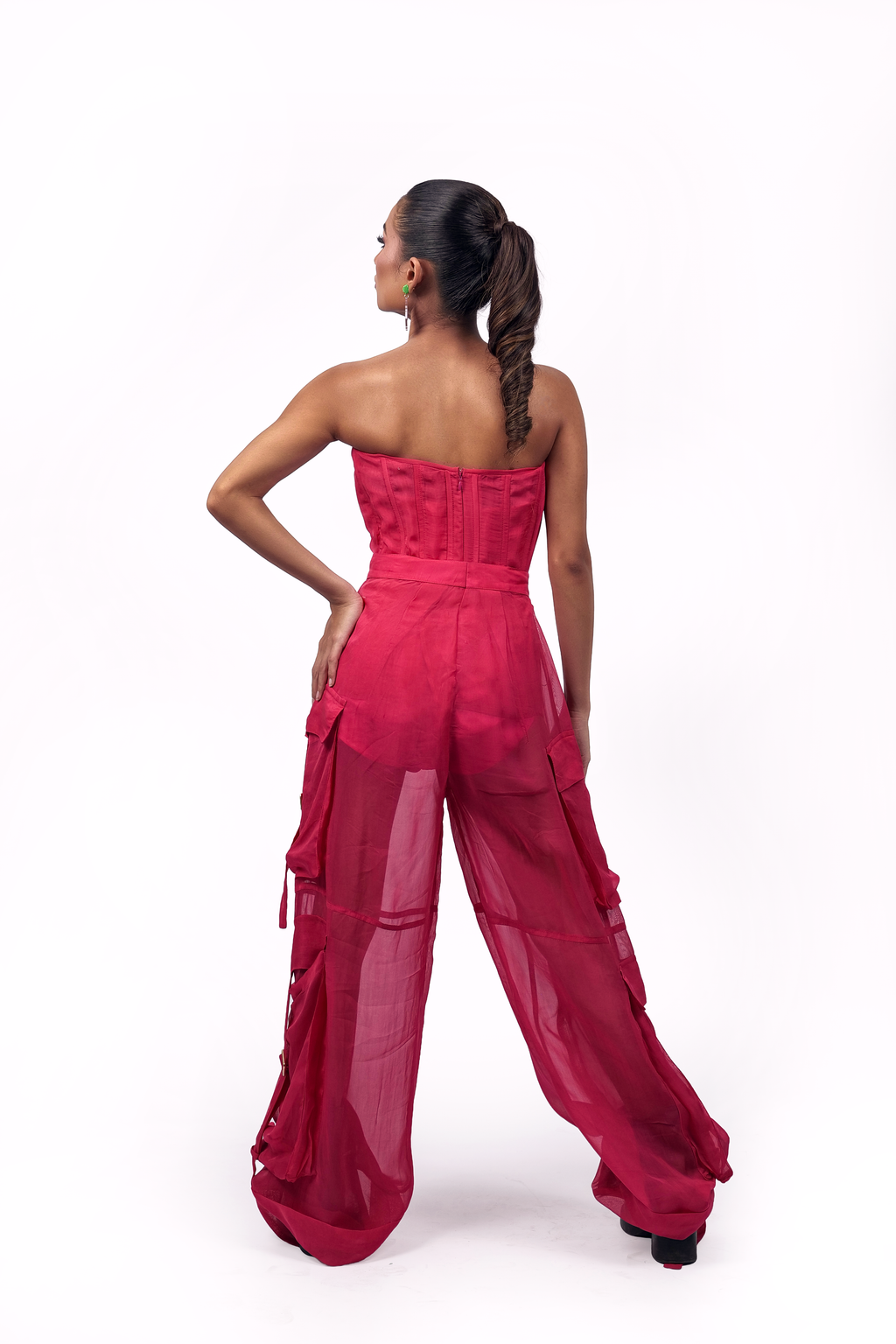 Hot Pink Organza Corset & Utility Trousers Co-Ord Set – Translucent Dual Edit | VybTheory