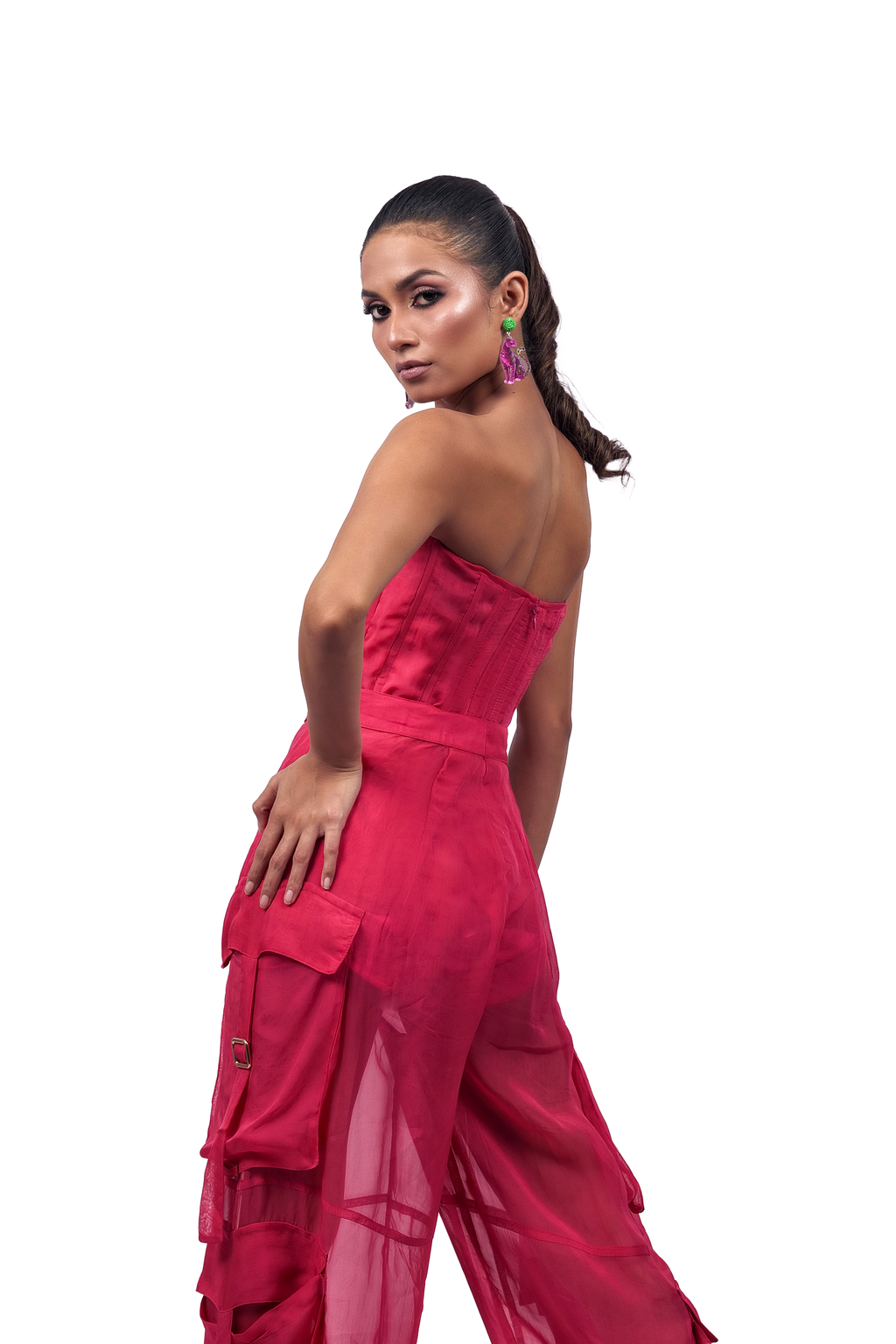 Hot Pink Organza Corset & Utility Trousers Co-Ord Set – Translucent Dual Edit | VybTheory
