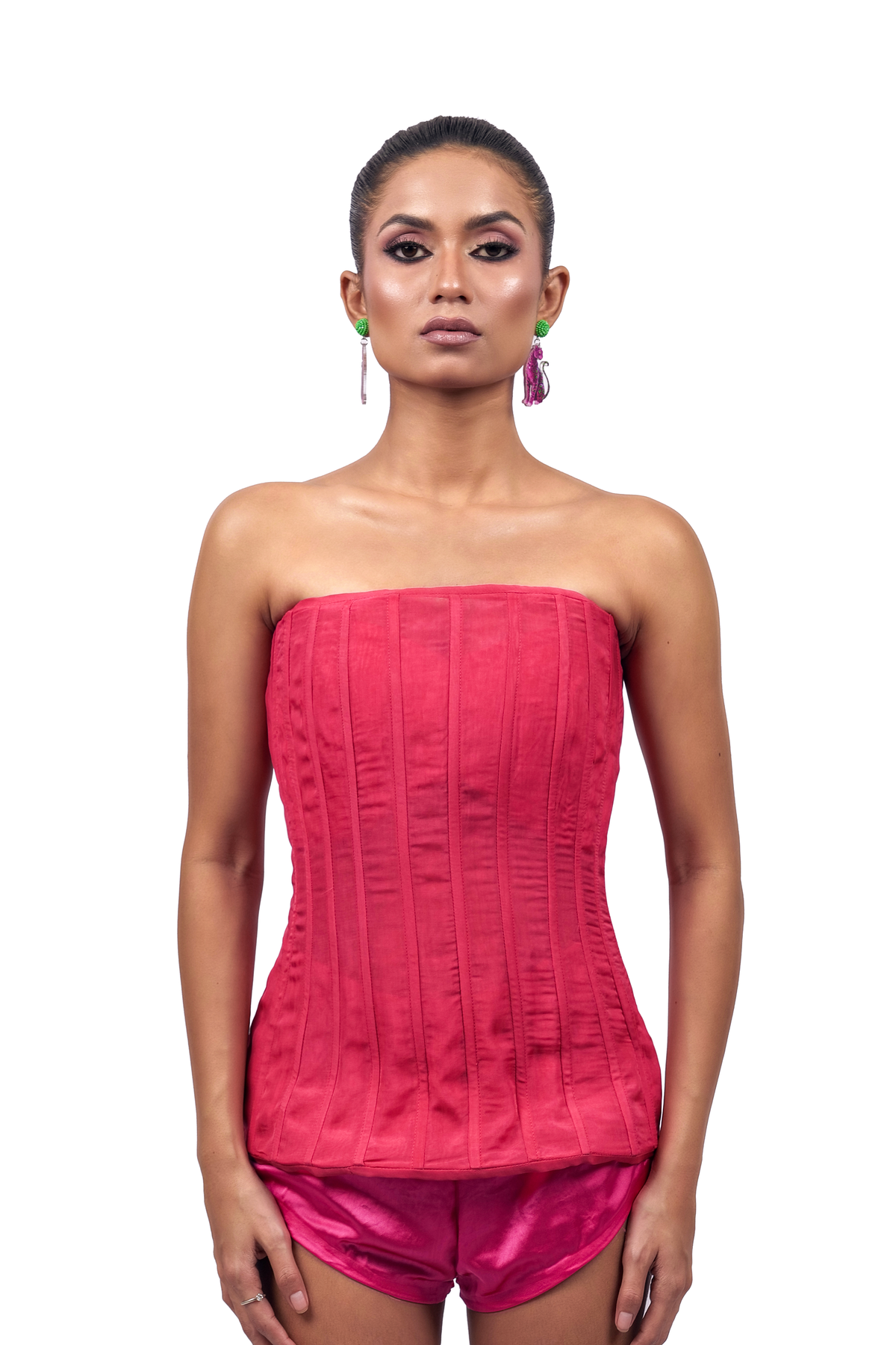 Hot Pink Organza Boned Bustier – Striated Lumière | VybTheory