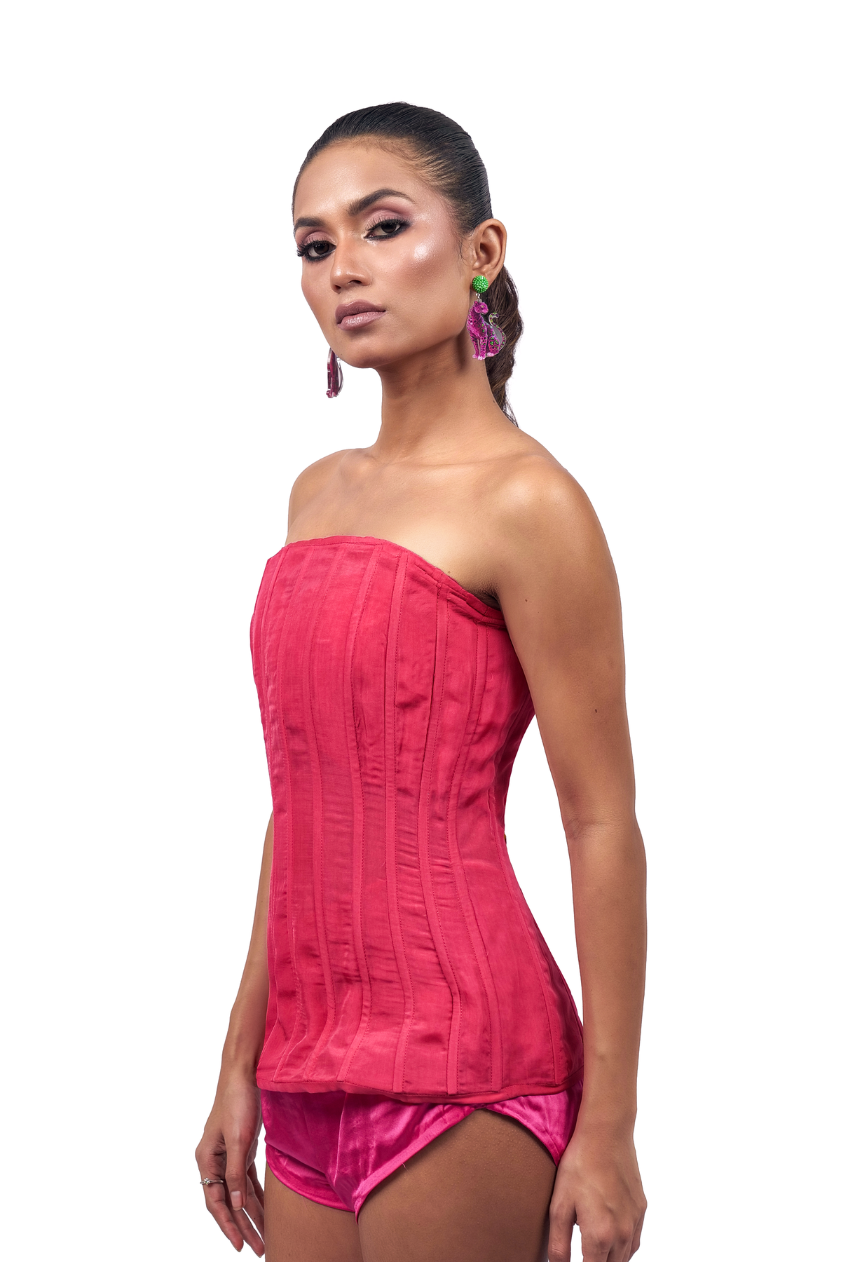 Hot Pink Organza Boned Bustier – Striated Lumière | VybTheory