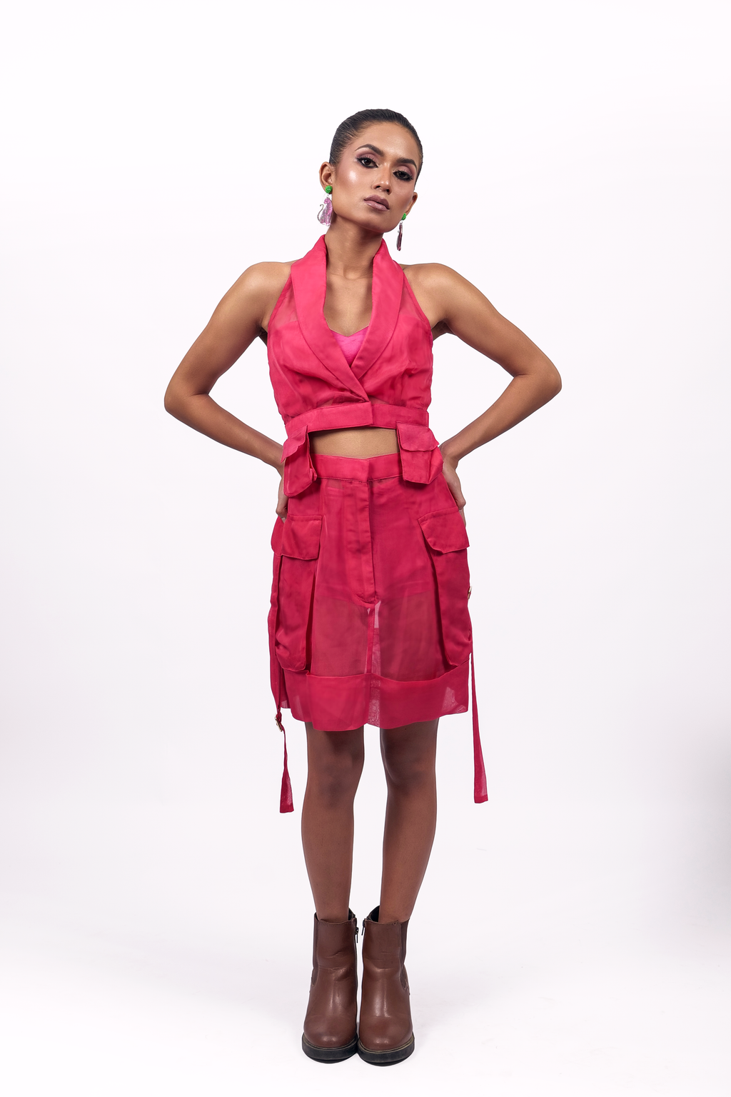 Hot Pink Organza Corset & Utility Skirt Co-Ord Set – Elevation Layer | VybTheory