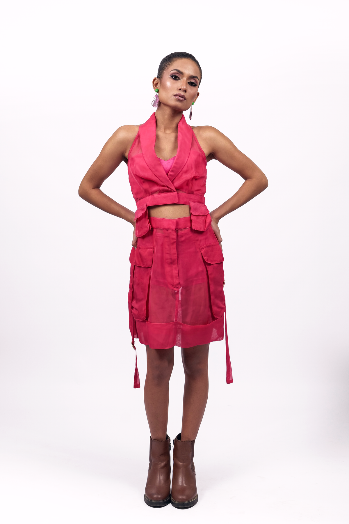 Hot Pink Organza Corset & Utility Skirt Co-Ord Set – Elevation Layer | VybTheory
