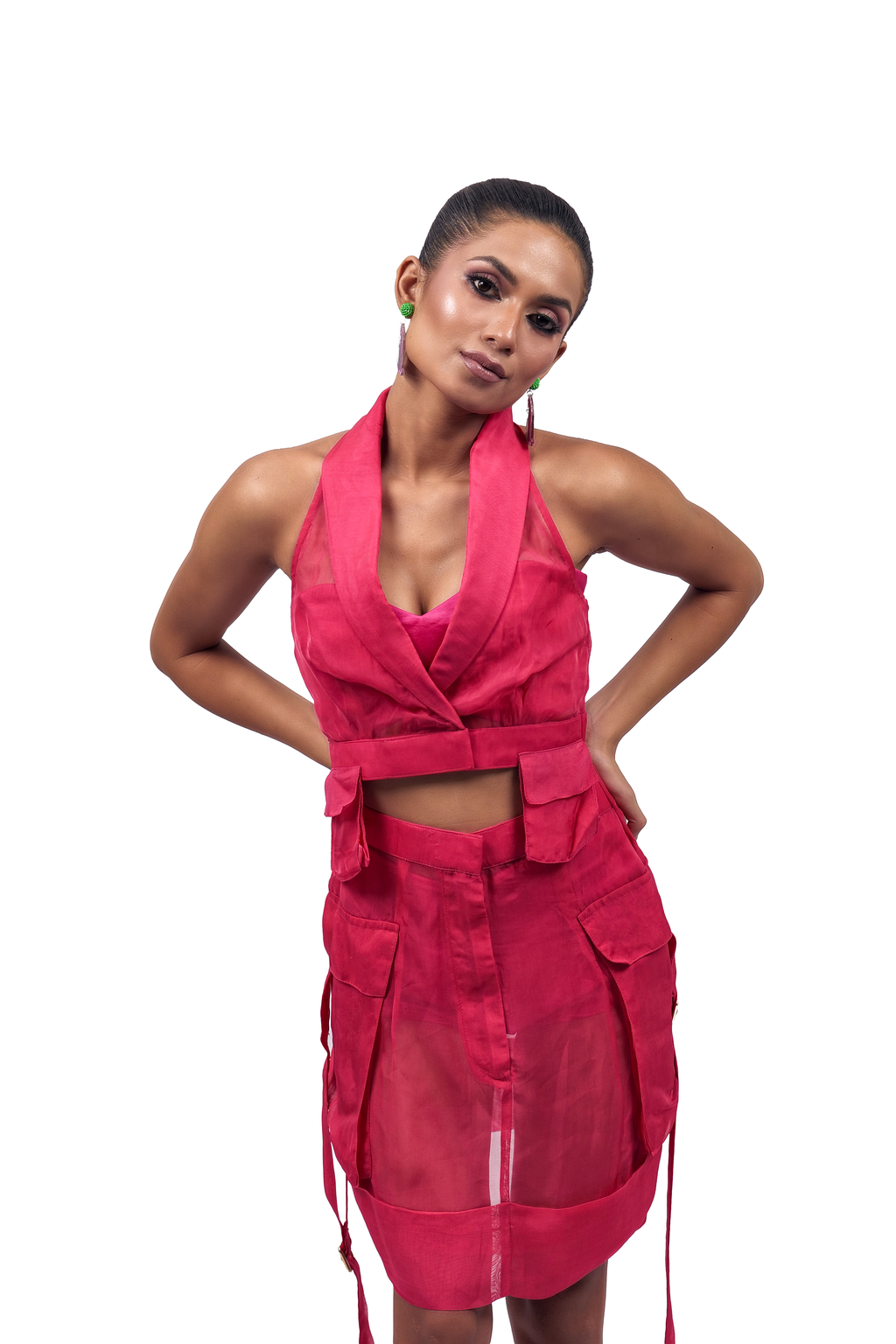 Hot Pink Organza Corset & Utility Skirt Co-Ord Set – Elevation Layer | VybTheory