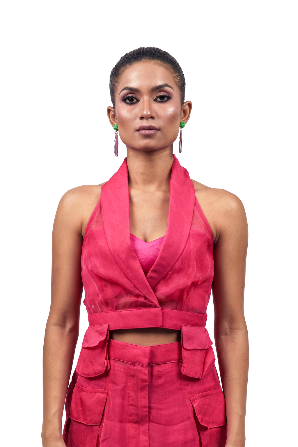 Hot Pink Halo Organza Halter Top – Luminous Veil | VybTheory
