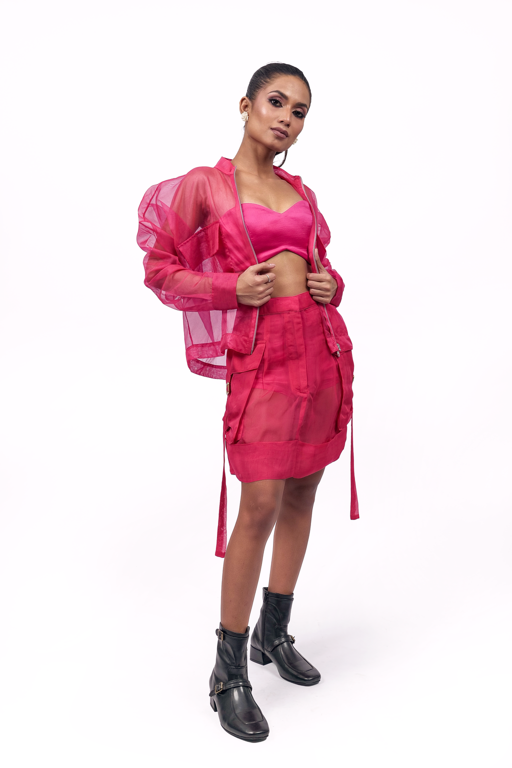 Hot Pink Organza Bomber Jacket – Translucent Utility Layer | VybTheory