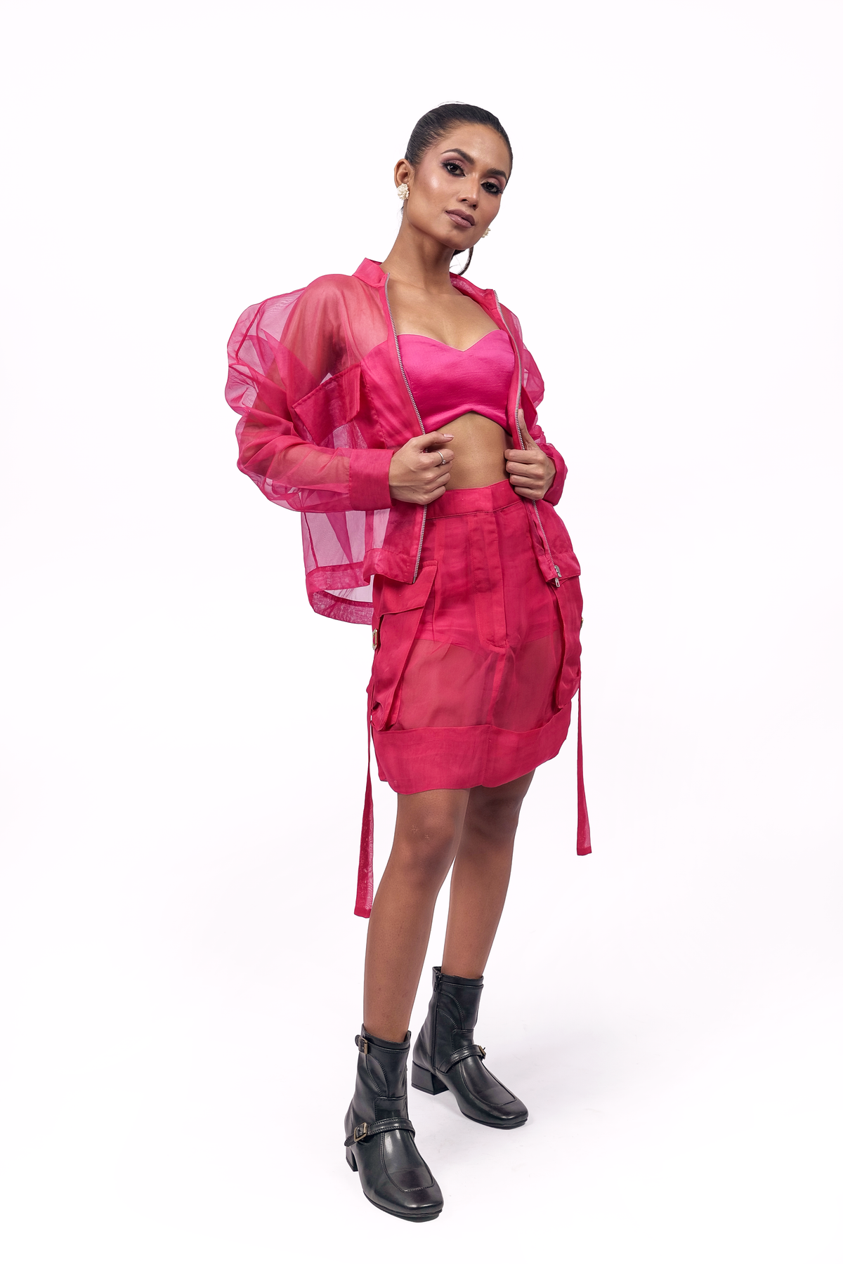 Hot Pink Organza Bomber Jacket – Translucent Utility Layer | VybTheory