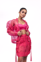 Hot Pink Organza Bomber Jacket – Translucent Utility Layer | VybTheory