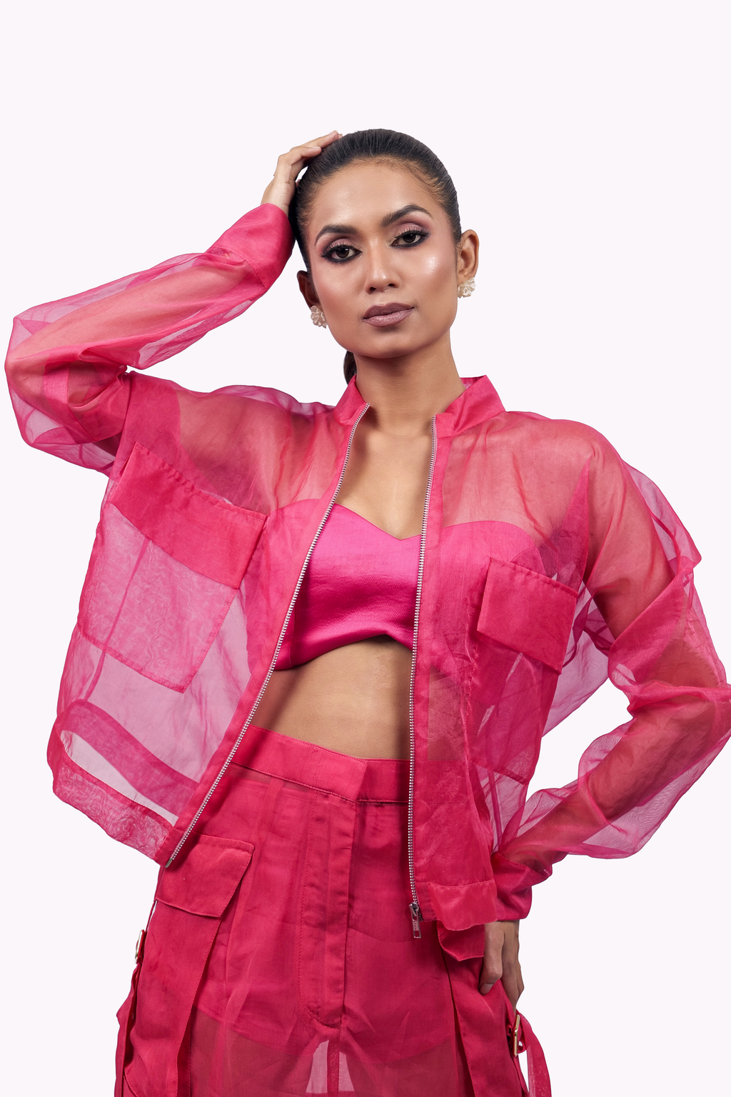 Hot Pink Organza Bomber Jacket – Translucent Utility Layer | VybTheory