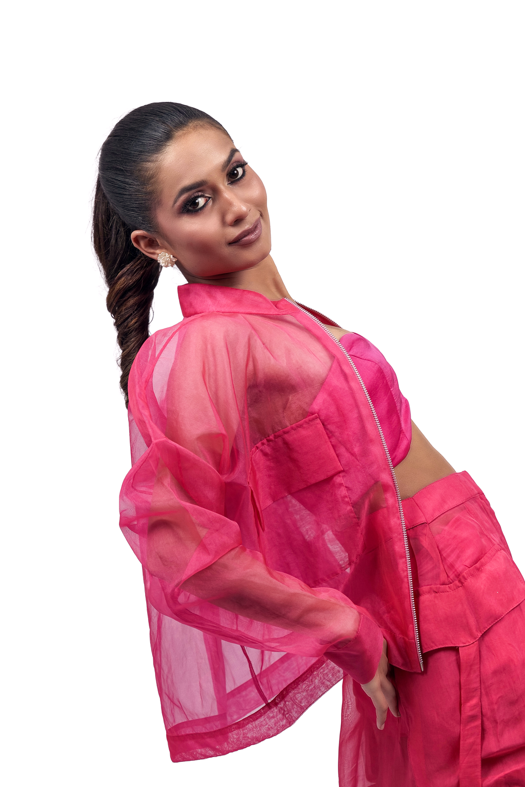 Hot Pink Organza Bomber Jacket – Translucent Utility Layer | VybTheory