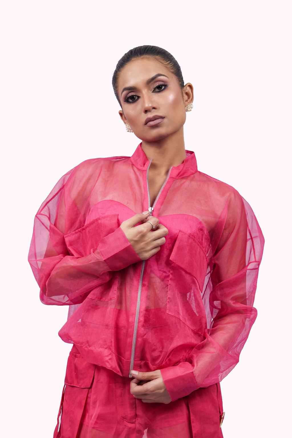 Hot Pink Organza Bomber Jacket – Translucent Utility Layer | VybTheory